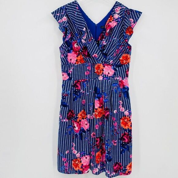 Chris McLaughlin Size 14 Navy Blue Checked Floral Flutter Sleeve Midi Dress - Picture 1 of 10